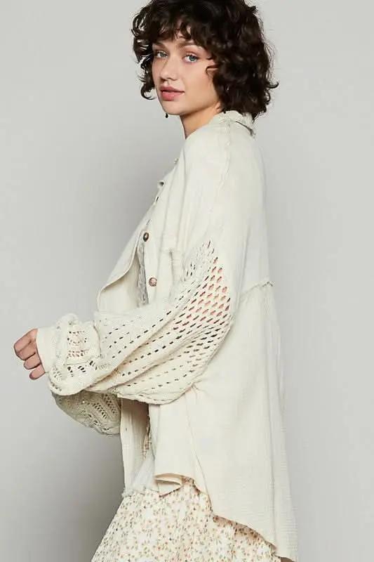 Gauzy Openwork Lantern Sleeve Button-Up Shirt - Love Salve